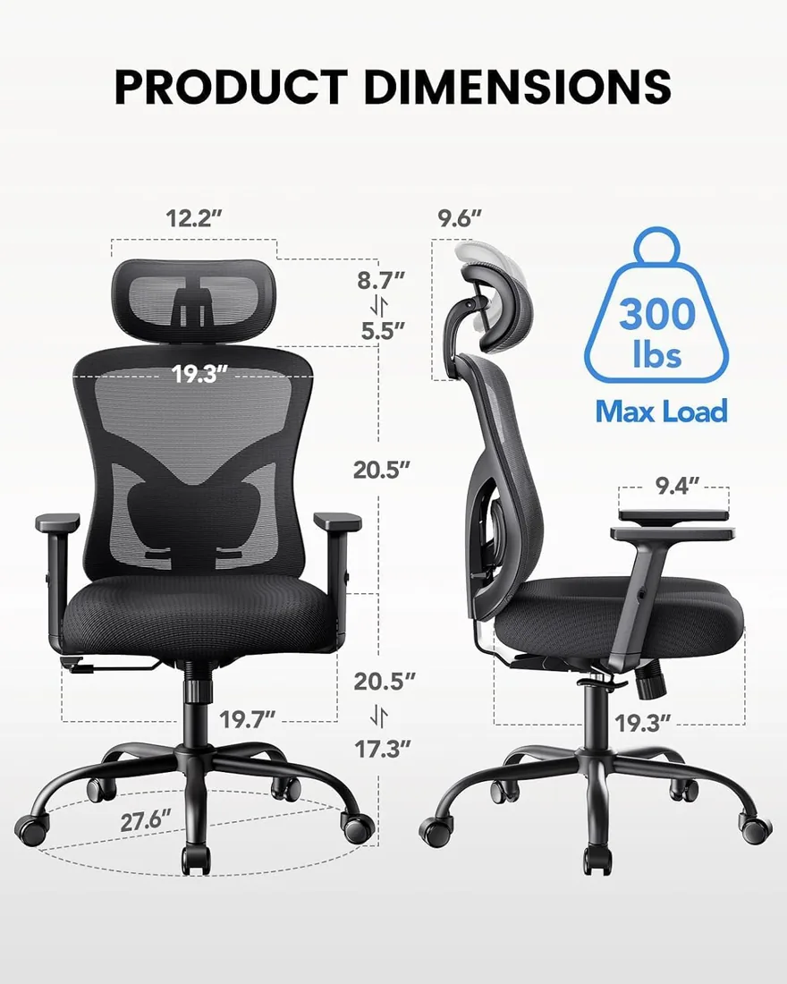 NOBLEWELL Silla de Oficina Ergonómica con Soporte Lumbar, Reposacabezas 2D, Reposabrazos Ajustable, Cojín Mejorado, Inclinación de 130°, Silla para Oficina en Casa foto 3