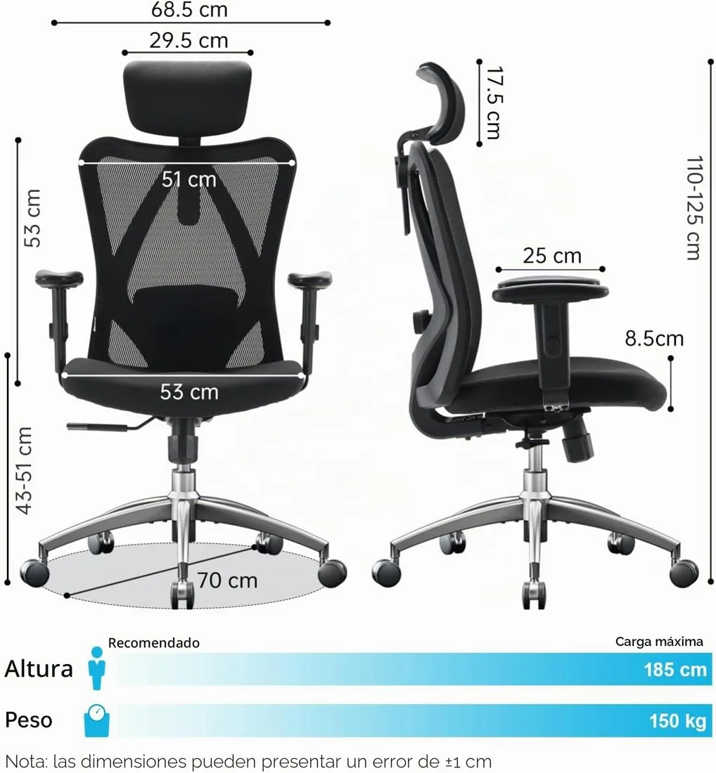 SIHOO M18 Silla Oficina Ergonómica, Soporte Lumbar Ajustable, 150 Kg, Negro | Reposacabezas Ajustable, Malla Transpirable De Respaldo Alto, Asiento Amplio, Reposabrazos 2D, Bloqueo Inclinación, Comodidad foto 3