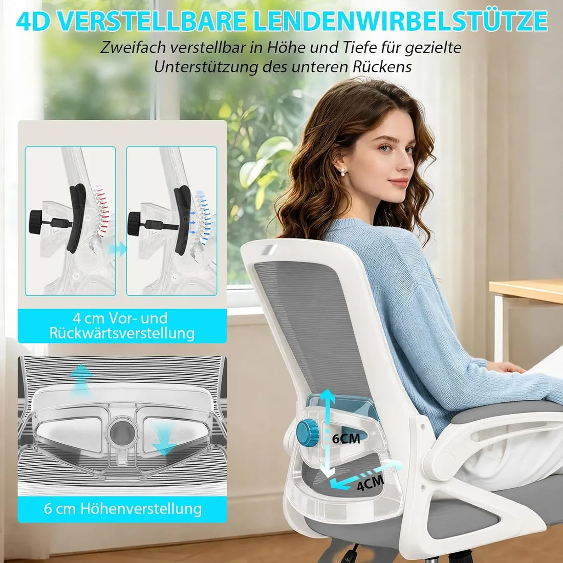 Silla de Oficina Ergonómica con Soporte Lumbar Ajustable, Reposabrazos y 125° Respaldo Inclinable, Silla Giratoria de Malla Respirable con Ruedas Omnidireccionales Silenciosas, Oficina y Hogar foto 3