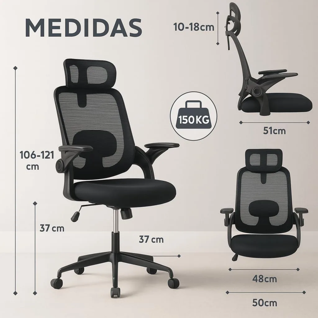 Silla de Oficina | Escritorio o Estudio Ergonómica con Ruedas | Reposacabezas y Reposabrazos Ajustables | Soporte Lumbar | Respaldo de Malla Transpirable | Altura Regulable | Ideal casa o Trabajo foto 3