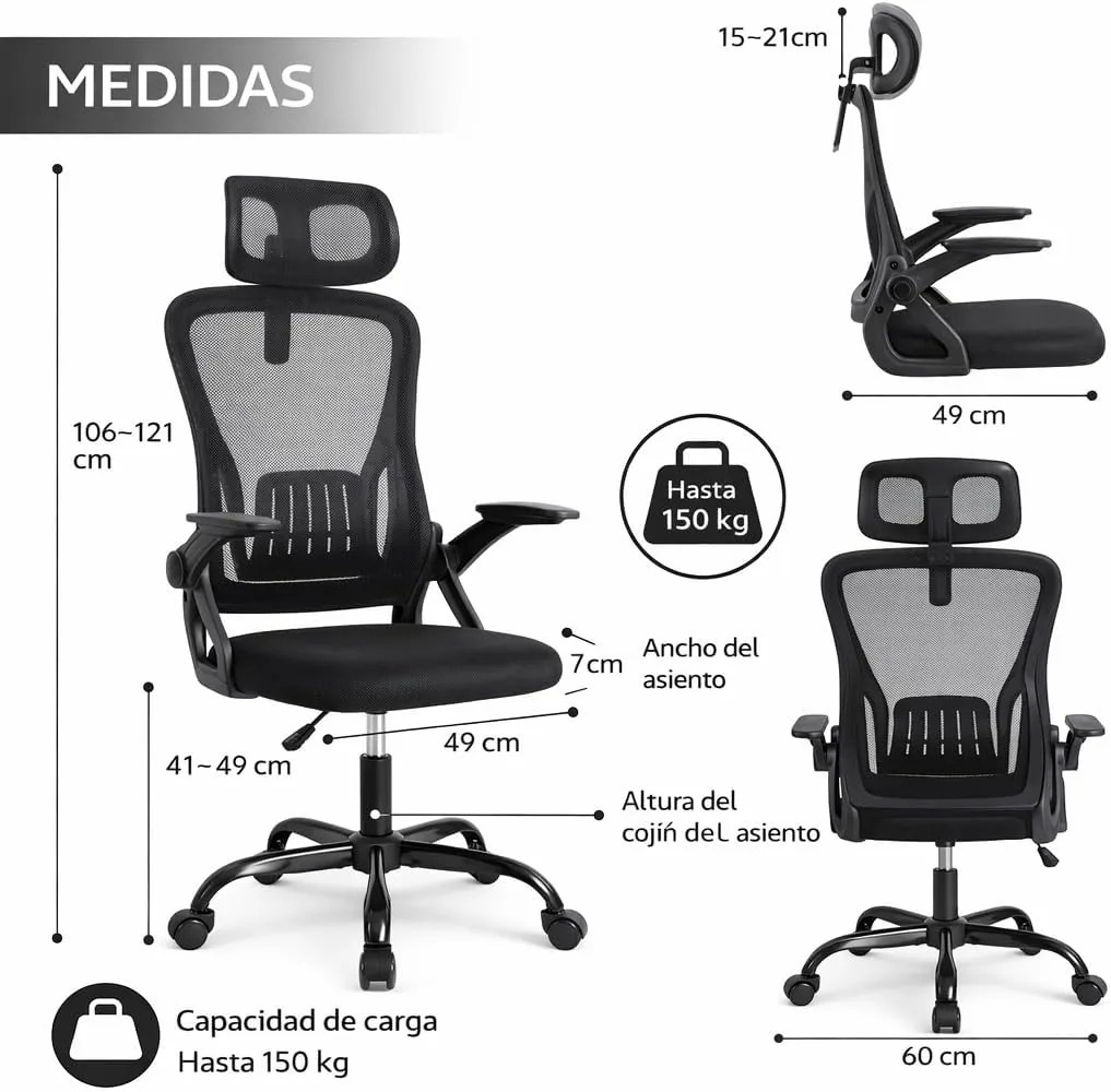 Silla de Oficina | Escritorio o Estudio Ergonómica con Ruedas | Reposacabezas y Reposabrazos Ajustables | Soporte Lumbar | Respaldo de Malla Transpirable | Altura Regulable | Ideal casa o Trabajo foto 3