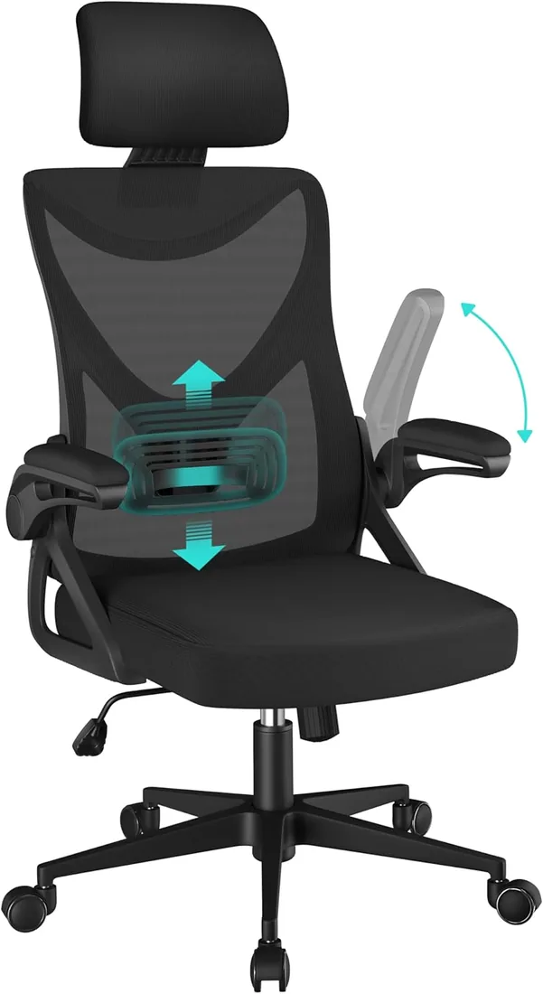 Yaheetech Silla de Oficina Ergonomica con Soporte Lumbar Escritorio Negro | Reposabrazo Reposacabeza Ajustable, Base Giratoria de 70 cm, Malla Transpirable, Capacidad Max 150KG
