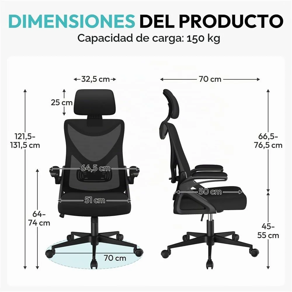 Yaheetech Silla de Oficina Ergonomica con Soporte Lumbar Escritorio Negro | Reposabrazo Reposacabeza Ajustable, Base Giratoria de 70 cm, Malla Transpirable, Capacidad Max 150KG foto 2