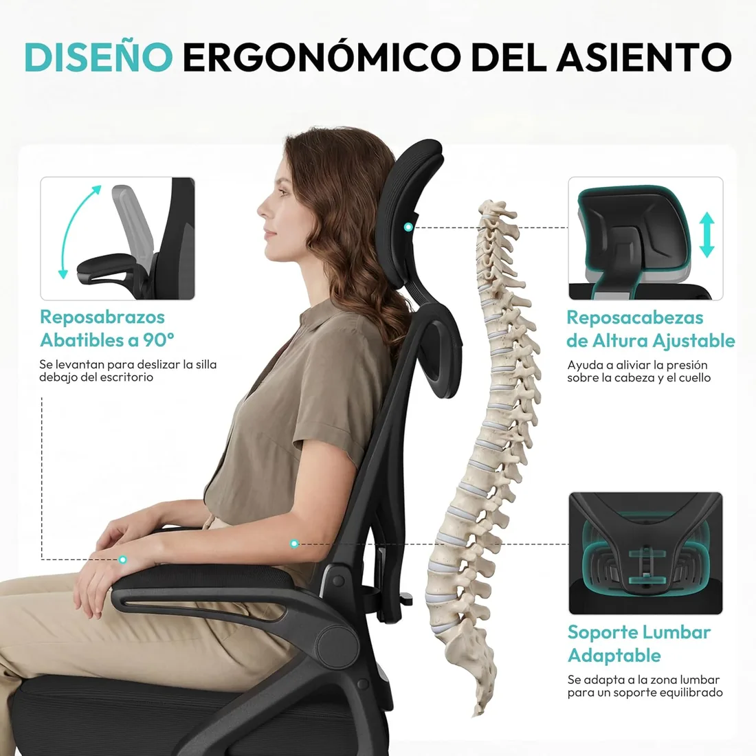 Yaheetech Silla de Oficina Ergonomica con Soporte Lumbar Escritorio Negro | Reposabrazo Reposacabeza Ajustable, Base Giratoria de 70 cm, Malla Transpirable, Capacidad Max 150KG foto 3