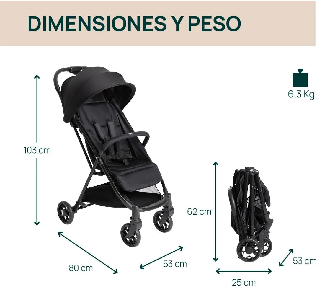 Chicco Urbino Silla de Paseo, Desde nascimiento hasta 22 Kg, Carrito Bebé, Plegado automatico con una sola mano, Compacto y Ligero, Capota con Protección UV50+, Respaldo Ajustable y Reclinable, Negro foto 2