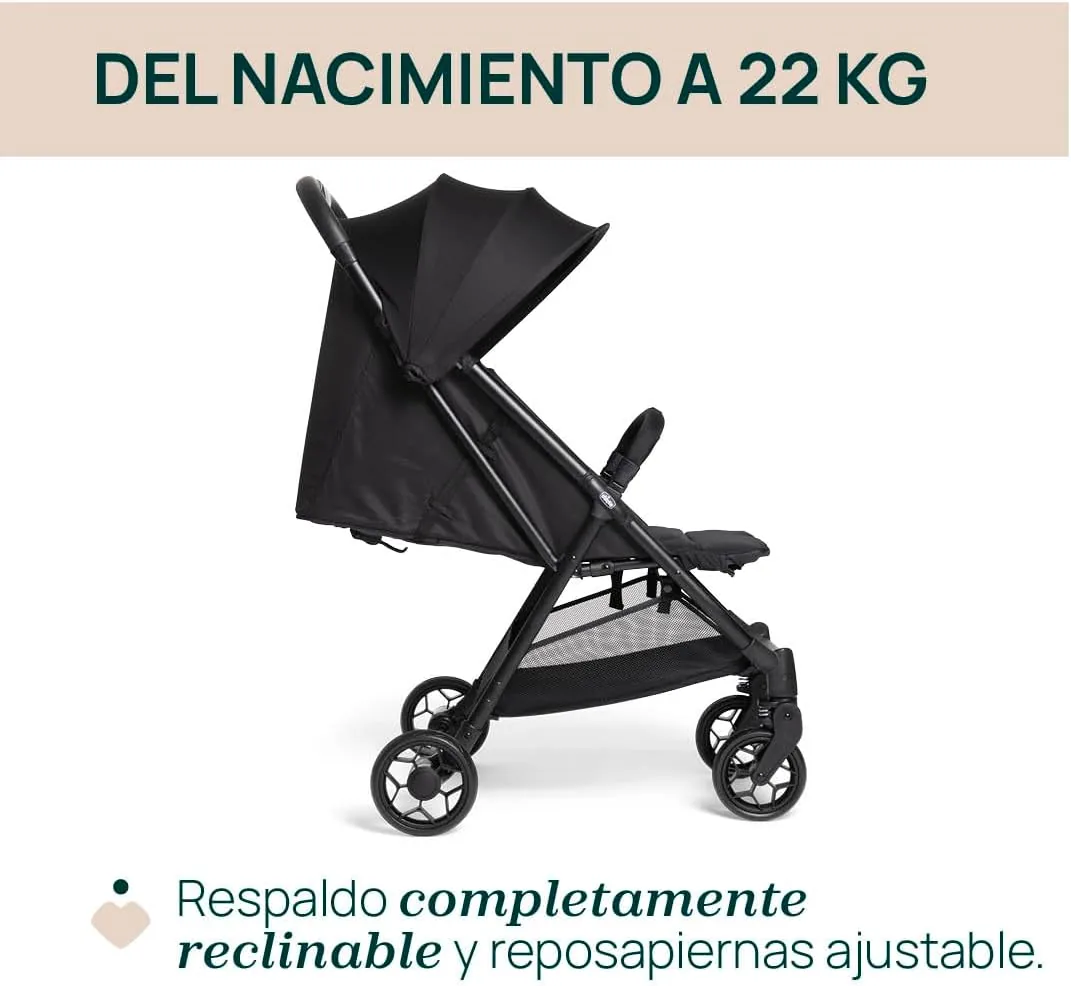 Chicco Urbino Silla de Paseo, Desde nascimiento hasta 22 Kg, Carrito Bebé, Plegado automatico con una sola mano, Compacto y Ligero, Capota con Protección UV50+, Respaldo Ajustable y Reclinable, Negro foto 3