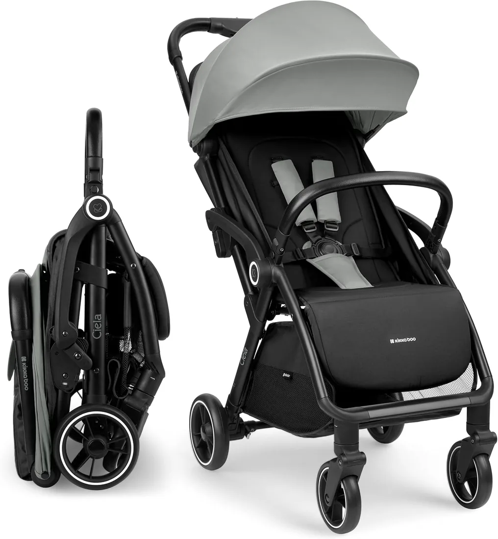 KikkaBoo Silla de Paseo Ligera CIELA, Carrito Bebé Compacto hasta 22 kg, Plegado Automático, Reclinable, Superligero, Tamaño Cabina Avión, Gris