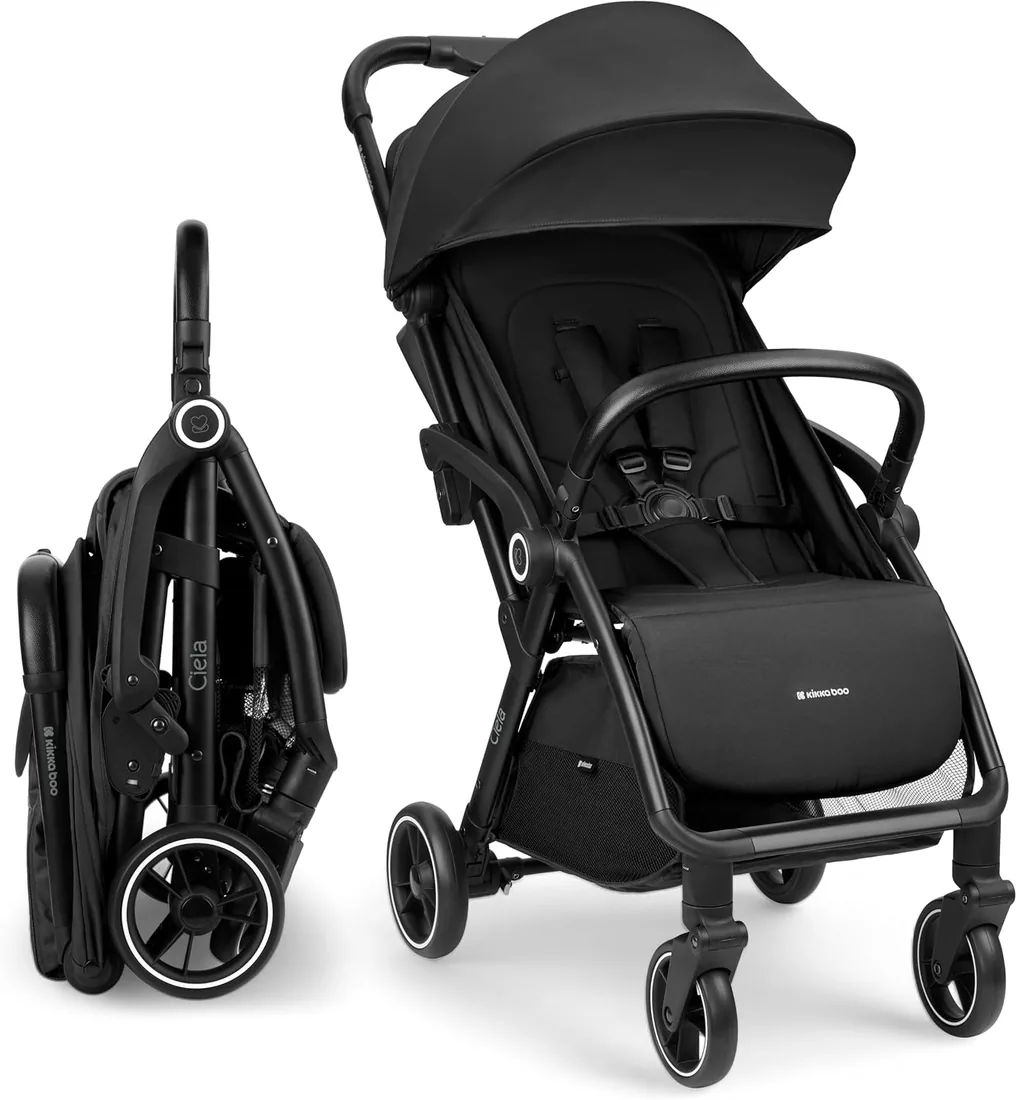 KikkaBoo Silla de Paseo Ligera CIELA, Carrito Bebé Compacto hasta 22 kg, Plegado Automático, Reclinable, Superligero, Tamaño Cabina Avión, Negro