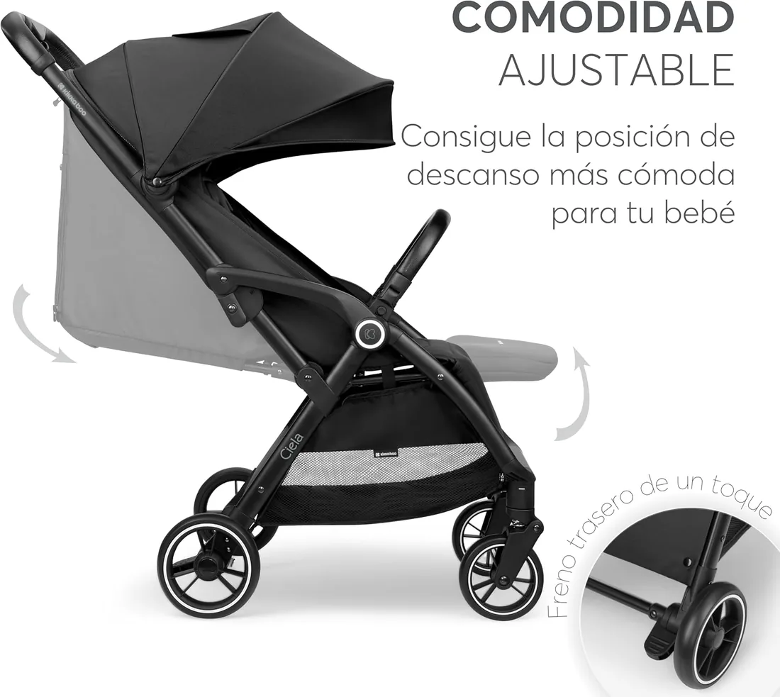 KikkaBoo Silla de Paseo Ligera CIELA, Carrito Bebé Compacto hasta 22 kg, Plegado Automático, Reclinable, Superligero, Tamaño Cabina Avión, Negro foto 2