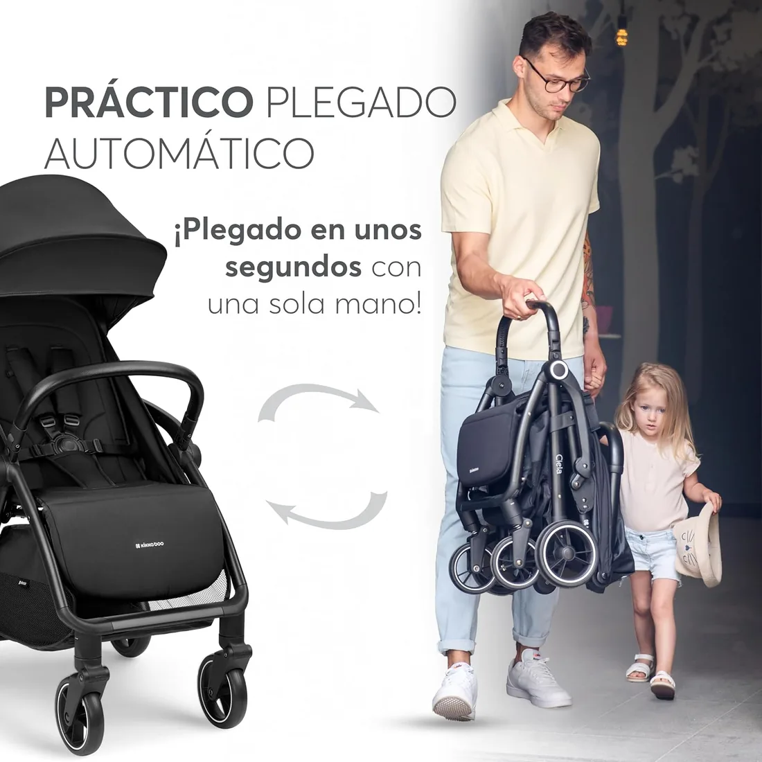 KikkaBoo Silla de Paseo Ligera CIELA, Carrito Bebé Compacto hasta 22 kg, Plegado Automático, Reclinable, Superligero, Tamaño Cabina Avión, Negro foto 3