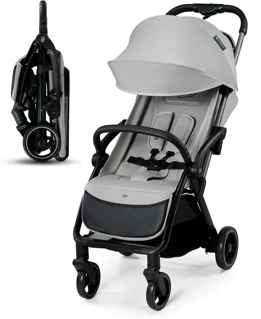 Kinderkraft APINO Silla de Paseo bebé, Carrito, Carro bebé, AUTO FOLDING, Plegado Automático, Posición reclinada, Posición Tumbada, Ligero, 7,5g, Impermeable, Carga Máxima 24 kg, Gris