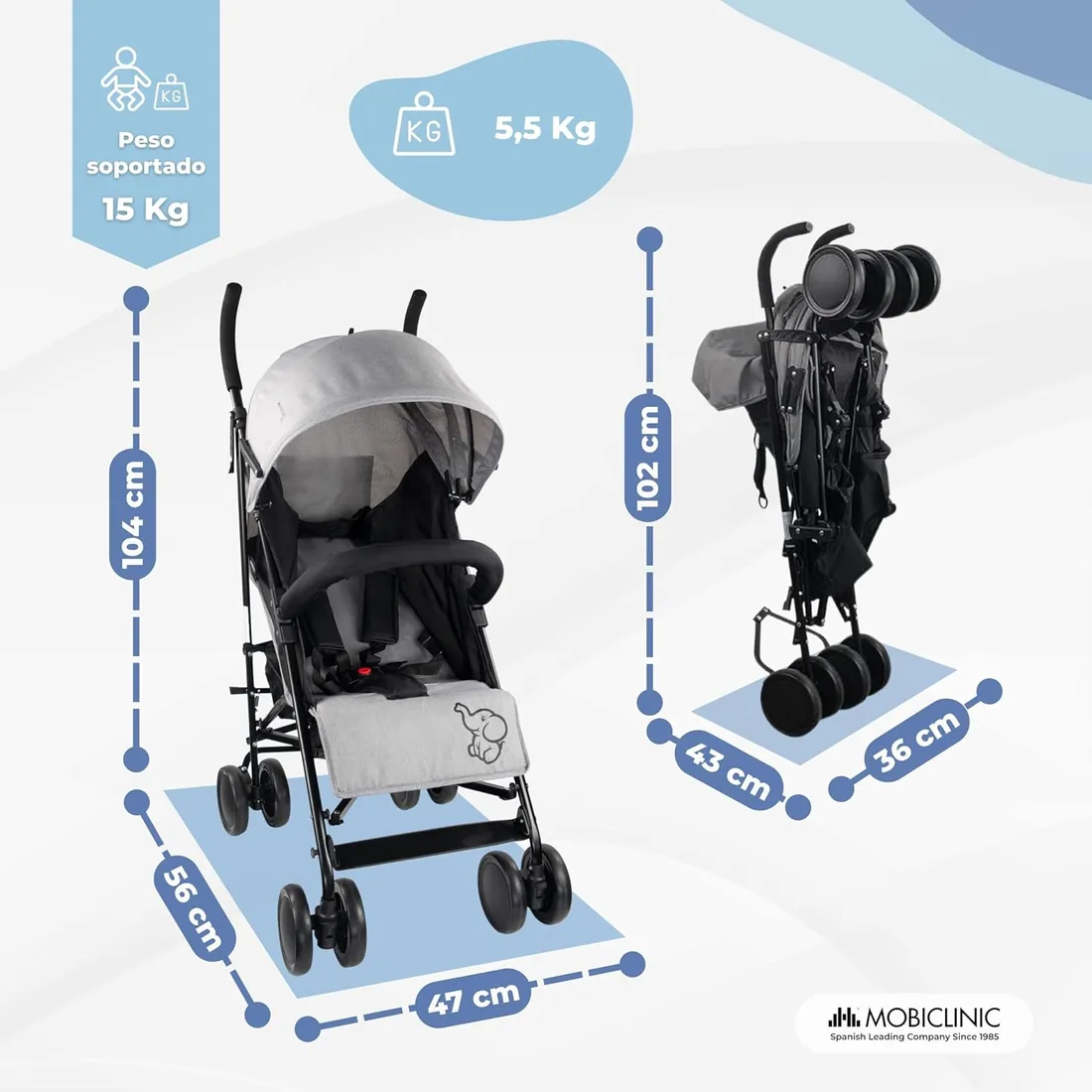 Mobiclinic®, Carrito bebe, Marca española, Plegable, Respaldo reclinable, Doble sistema de seguridad, Ruedas extraíbles, Arnés ajustable 5 puntos, Silla paseo ligera, Gris y negra foto 2
