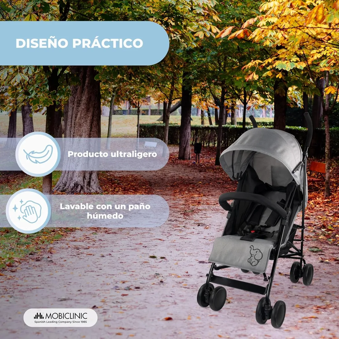Mobiclinic®, Carrito bebe, Marca española, Plegable, Respaldo reclinable, Doble sistema de seguridad, Ruedas extraíbles, Arnés ajustable 5 puntos, Silla paseo ligera, Gris y negra foto 3