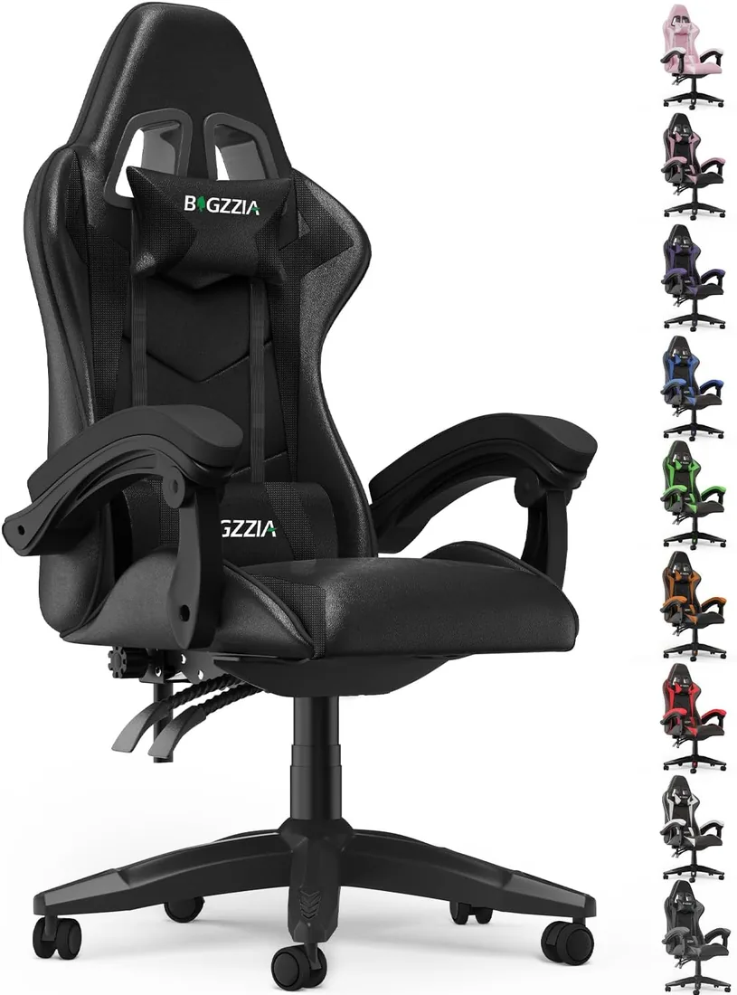 Bigzzia Silla Gaming,Silla Ergonómica de Oficina en Cuero PU,Regulable en Altura con Soporte Lumbar y Reposacabezas,Respaldo Reclinable 155°,Silla Gamer Adulto Niño(Negro)