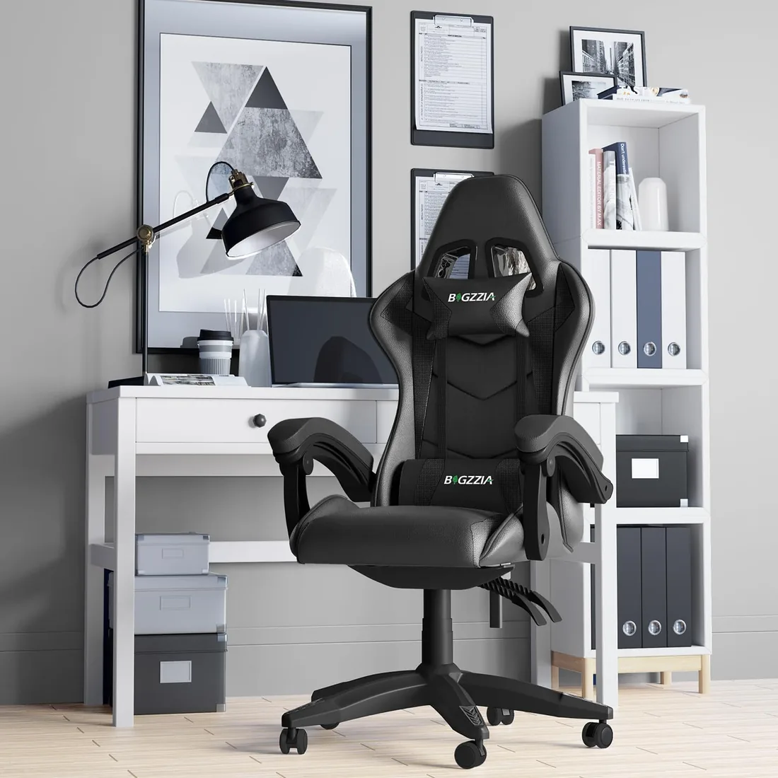 Bigzzia Silla Gaming,Silla Ergonómica de Oficina en Cuero PU,Regulable en Altura con Soporte Lumbar y Reposacabezas,Respaldo Reclinable 155°,Silla Gamer Adulto Niño(Negro) foto 2
