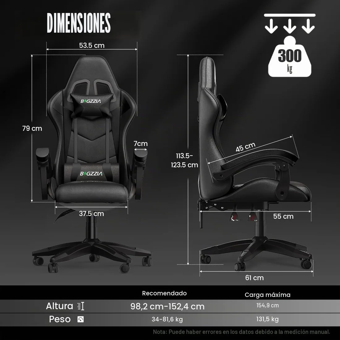 Bigzzia Silla Gaming,Silla Ergonómica de Oficina en Cuero PU,Regulable en Altura con Soporte Lumbar y Reposacabezas,Respaldo Reclinable 155°,Silla Gamer Adulto Niño(Negro) foto 3