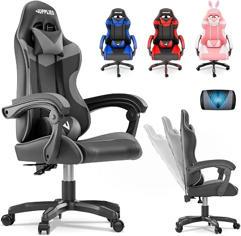 JUPPLIES Silla Gaming Profesional con Masajeador - Silla de Oficina Ergonómica, Altura Regulable y Respaldo Abatible - Silla Gamer (Gris, Acolchado Arriba, Sin Reposapiés)
