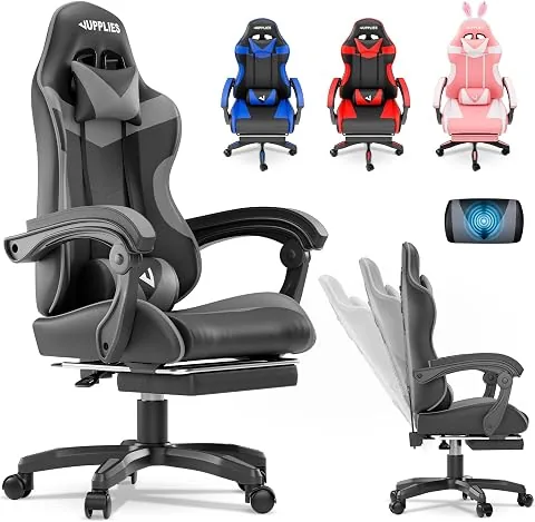 JUPPLIES Silla Gaming Profesional con Masajeador - Silla de Oficina Ergonómica, Altura Regulable y Respaldo Abatible - Silla Gamer (Gris, Acolchado Arriba, con Reposapiés)