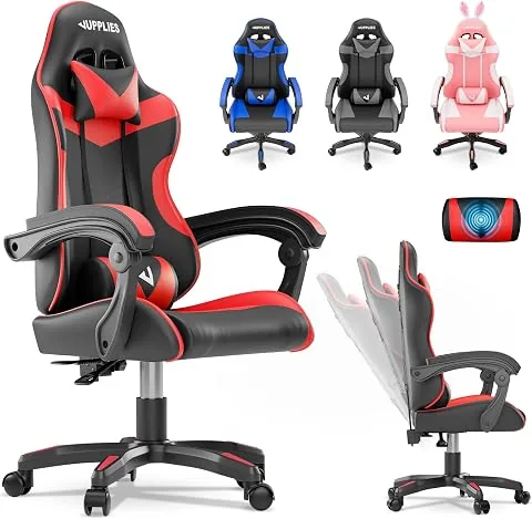 JUPPLIES Silla Gaming Profesional con Masajeador - Silla de Oficina Ergonómica, Altura Regulable y Respaldo Abatible - Silla Gamer (Rojo, Acolchado Arriba, Sin Reposapiés)