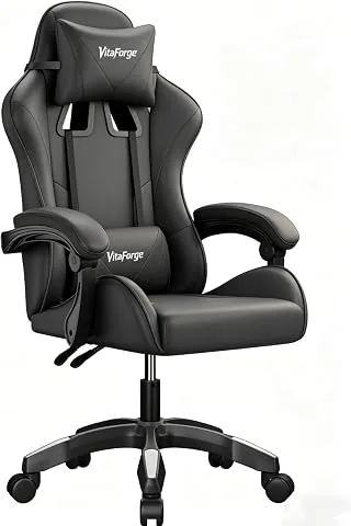 Silla de Gaming Silla de Oficina, Silla de Juego Ergonómica con Ajuste de Altura, Soporte Lumbar y Apoya-Cabezas - Cuero PU, para la Oficina o el Juego (Negro)