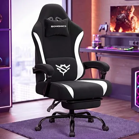SONGMICS Silla Gaming, Silla de Escritorio Ergonómica de Poliéster, Reclinable 135° con Reposapiés, Soporte Lumbar, 70 x 70 x 120-130 cm, Negro y Blanco, Colección Cathy OBG092BH01 foto 2