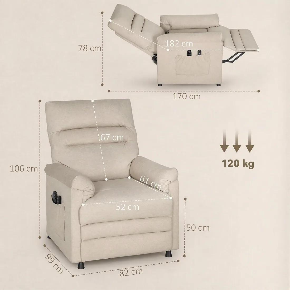 HOMCOM Sillón Relax Reclinable Eléctrico con Calor Lumbar Masaje Beige foto 3