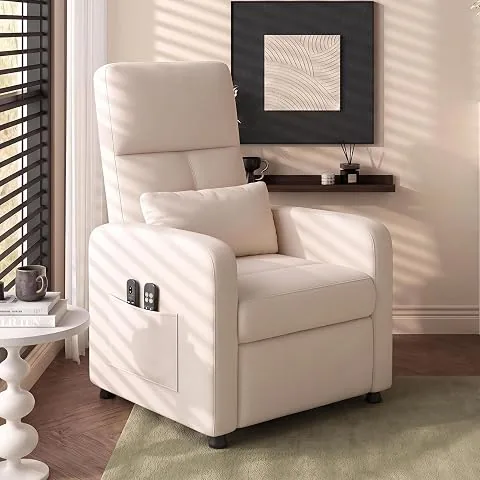 Litake Sillón Eléctrico Reclinable con Masaje y Calefacción, Sillón Relax con 4 Puntos de Masaje y Calor, Tapizado de Lino, Estructura de Hierro, para Sala de Estar, Puerto USB, Blanco