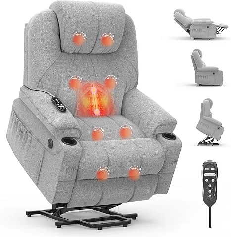Sillón relax para personas mayores, con masaje y calor, reposapiés alargado, tipo C + puertos USB, 2 soportes para bebidas, dos bolsillos laterales, tumbonas, sofá lounge