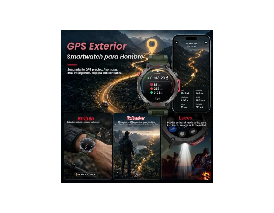 Smartwatch Reloj Inteligente Hombre con GPS: 1.46" Militar Smart Watch con Llamadas Bluetooth Brújula 530mAh 100+ Deportivos Pulsera Actividad con SpO2 Sueño Podómetro IP68 Imperme foto 3