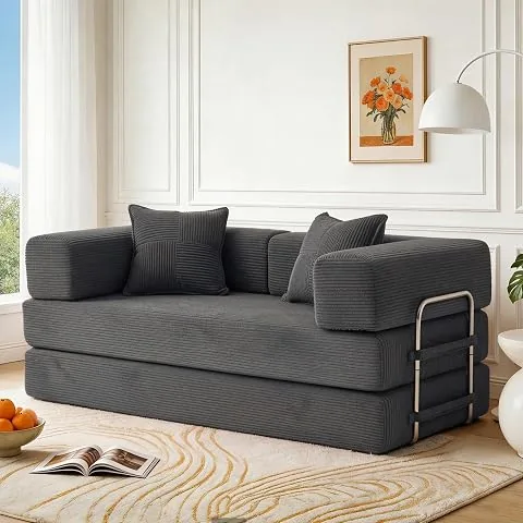 160cm Sofá Cama 2 Plazas con Espuma & Muelles para Salón,Gris | Modular,Versátil 5 en 1,Pana