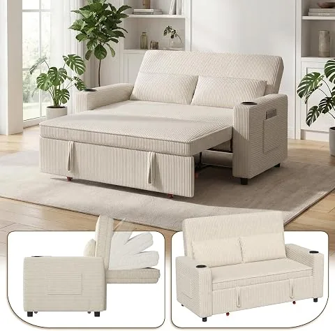 Devoko Sofá Cama Convertible, Loveseat de 2 Plazas con Descansaespaldas Ajustable, Sofá de Salón,Sofá Pequeño Retráctil de Tela de Corduroy Moderna, Color Beige, para Sala de Estar y Dormitorio foto 2