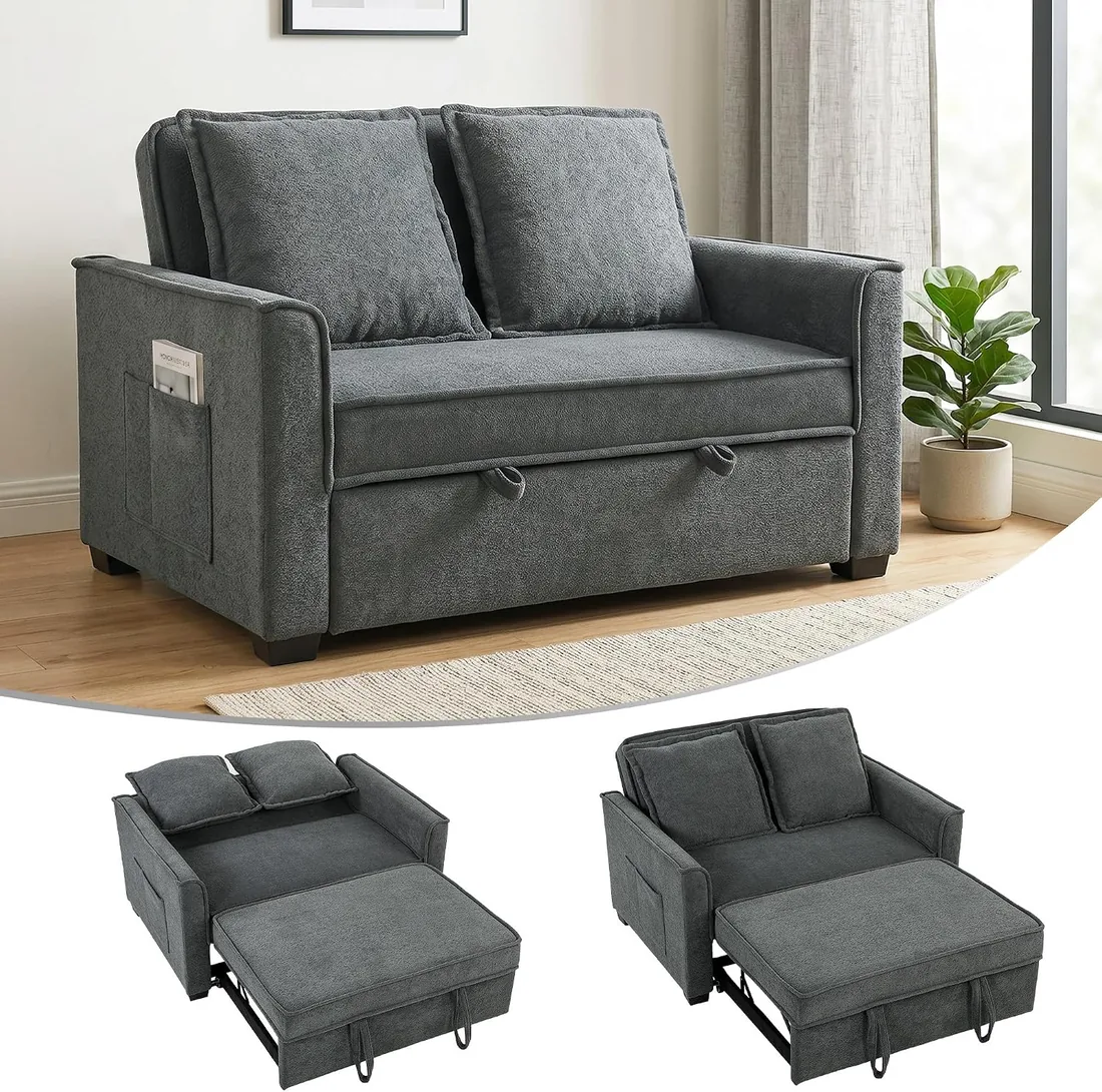 HOMCOM Sofá Cama 2 Plazas 3 en 1 Respaldo Ajustable Gris Oscuro | Sofá Cama Tejido Rizo, 3 Niveles, Bolsillos Laterales, 2