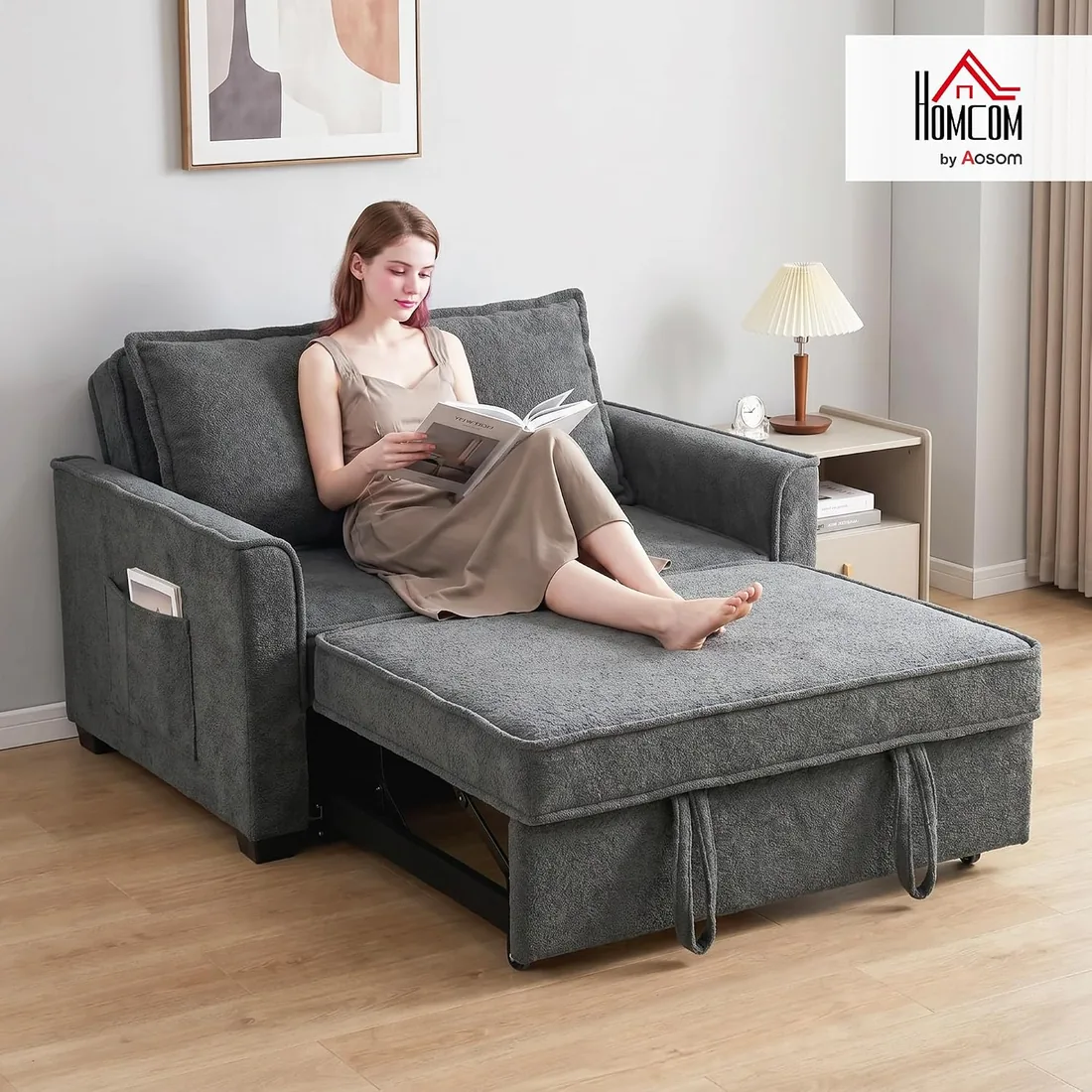 HOMCOM Sofá Cama 2 Plazas 3 en 1 Respaldo Ajustable Gris Oscuro | Sofá Cama Tejido Rizo, 3 Niveles, Bolsillos Laterales, 2 foto 2