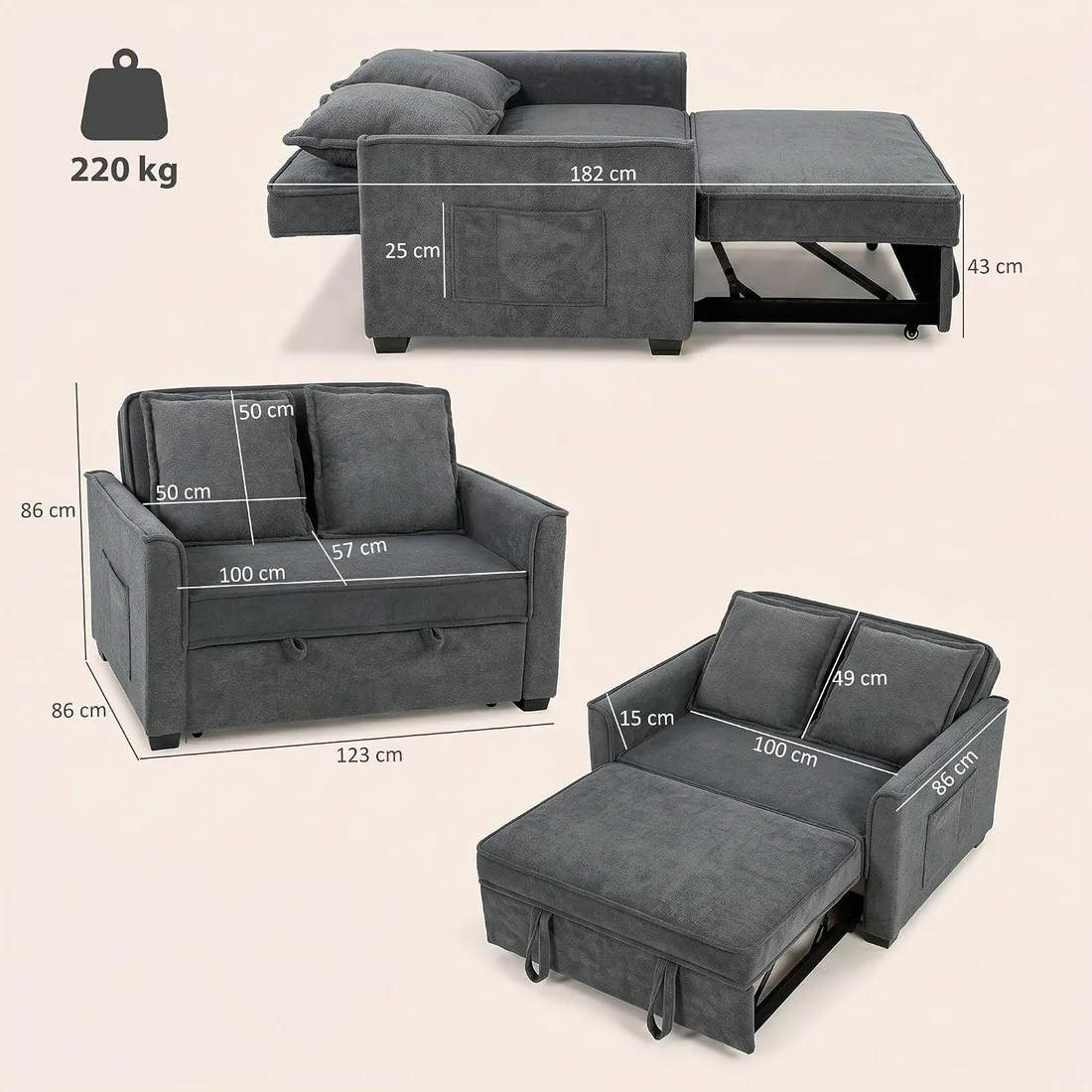 HOMCOM Sofá Cama 2 Plazas 3 en 1 Respaldo Ajustable Gris Oscuro | Sofá Cama Tejido Rizo, 3 Niveles, Bolsillos Laterales, 2 foto 3