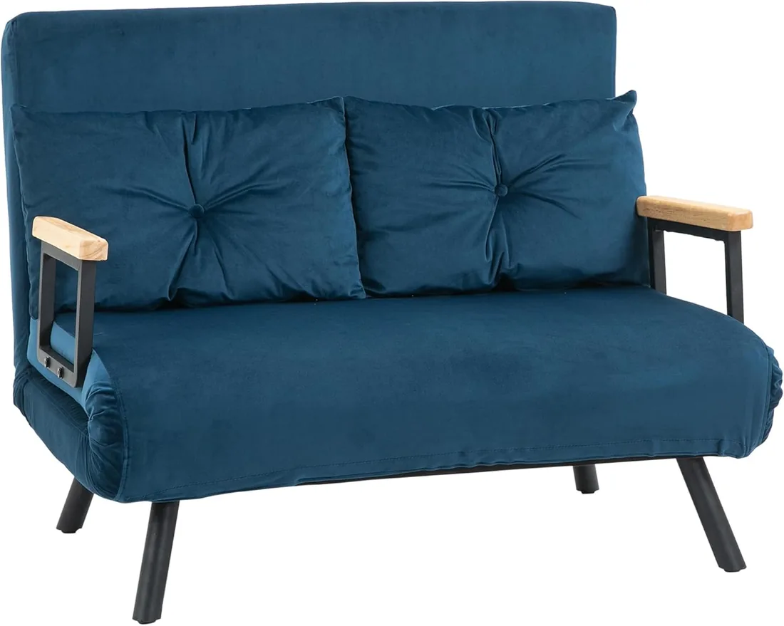 HOMCOM Sofá Cama de 2 Plazas 4 en 1 Sofá Cama Plegable Tapizado en Terciopelo con Respaldo Ajustable de 5 Niveles y Almohadas Acolchadas para Oficina Dormitorio Salón 102x73x81 cm Azul