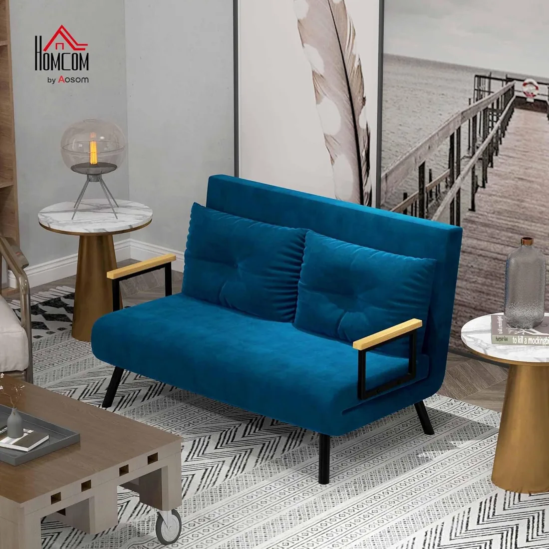 HOMCOM Sofá Cama de 2 Plazas 4 en 1 Sofá Cama Plegable Tapizado en Terciopelo con Respaldo Ajustable de 5 Niveles y Almohadas Acolchadas para Oficina Dormitorio Salón 102x73x81 cm Azul foto 2