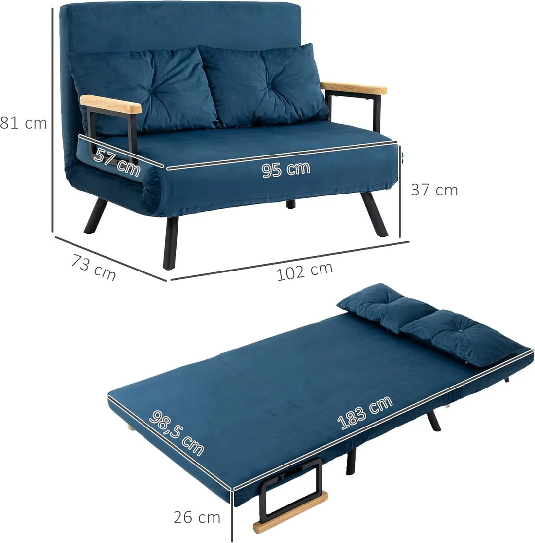 HOMCOM Sofá Cama de 2 Plazas 4 en 1 Sofá Cama Plegable Tapizado en Terciopelo con Respaldo Ajustable de 5 Niveles y Almohadas Acolchadas para Oficina Dormitorio Salón 102x73x81 cm Azul foto 3