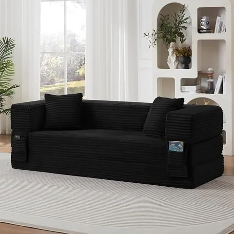 Sapgaks Sofá Convertible, Sofá Cama 2 Plazas sin Marco, Sofá Plegable de Compresión, Diseño Cuadrado Clásico, No requiere Montaje (Negro) foto 2