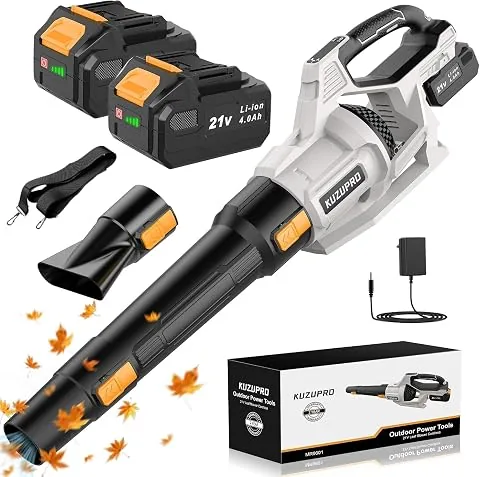 Soplador de Hojas a Batería KUZUPRO, 21 V, 2 Baterías de 4,0 Ah | Cargador incluido, caudal de aire de hasta 3,6 m³/min, 3