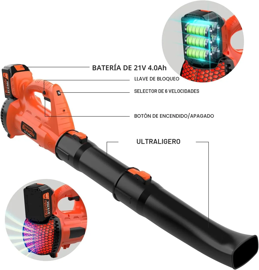 Soplador de Hojas, Bravolu 21V Soplador con Baterías Recargables de 2 X 4,0 Ah y Cargador, Flujo de Aire de 240 km/h, 6 Velocidades Soplador de Hojas Eléctrico foto 2