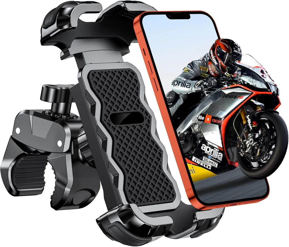 Babacom Soporte Movil Moto 360° Rotación, Cerradura 1s y Protección Segura Soporte Movil Bicicleta para Manillar de 0.71-1.4" Diámetro, Soporte Móvil Bicicleta Compatible con iPhone 4.7-6.8", GPS