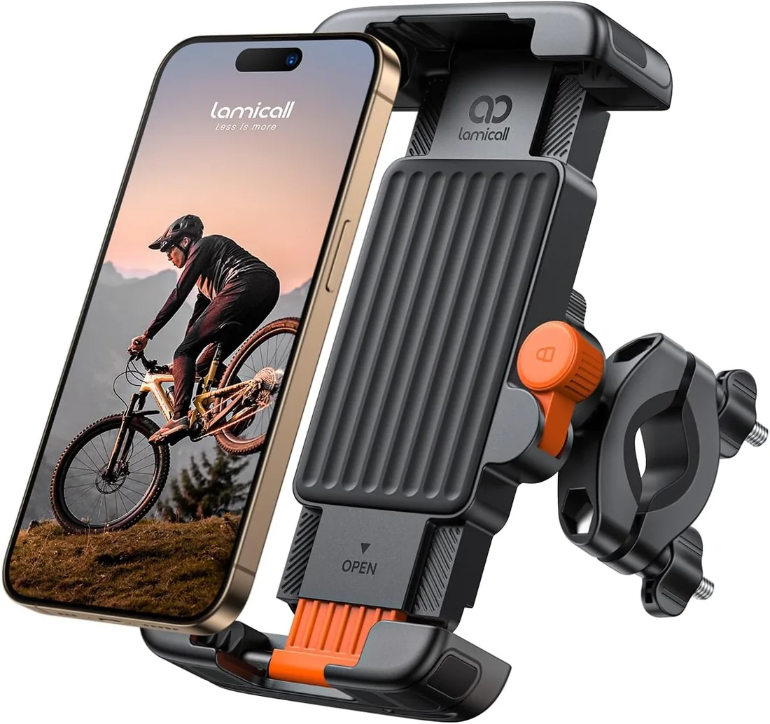 Lamicall Universal Soporte Móvil Bicicleta Manillar, Soporte Móvil Moto | 1S Bloqueo/Desbloqueo, 360° Rotación, Protección de Silicona, Plegable Soporte para iPhone 17/16/15/14, Otro 6-7" Smartphone