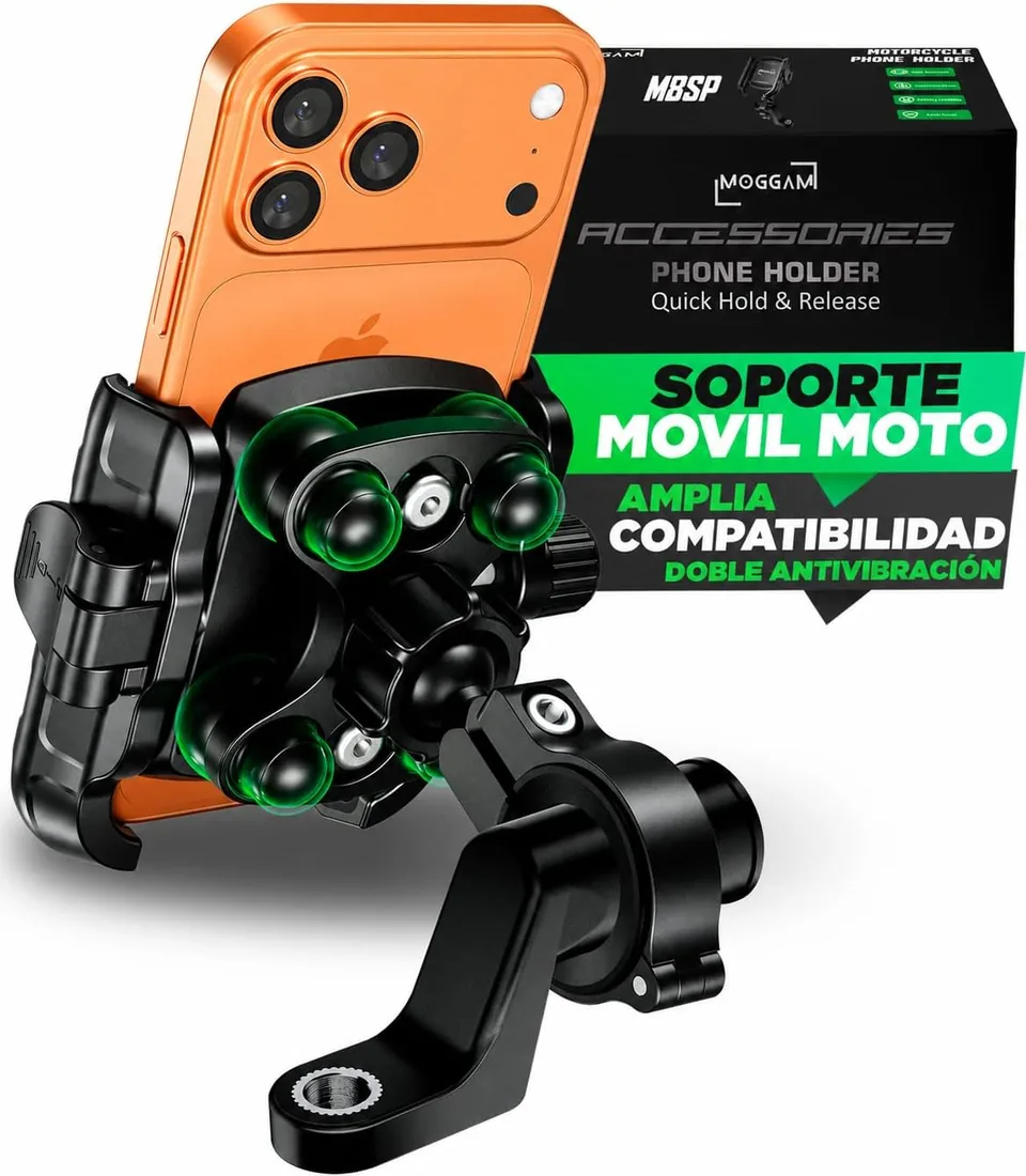 Soporte Móvil Moto Antivibración Manillar y Retrovisor Scooter Bici | Doble antivibración de silicona. Manillar 22-32 mm o retrovisor con rosca: moto, scooter, bicicleta y patinete eléctrico.
