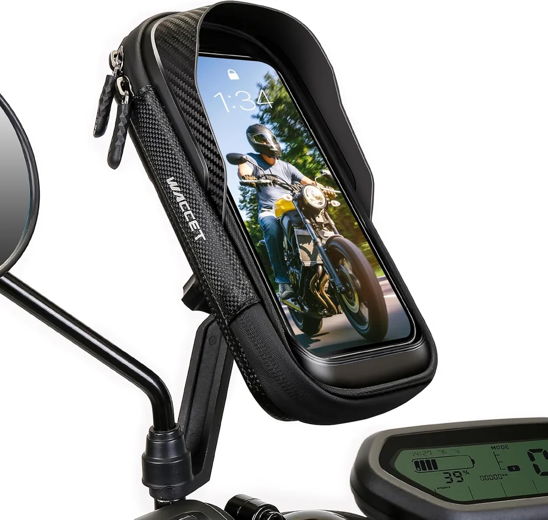 Soporte Movil Moto, Soporte Movil Scooter 360° Rotación Porta Móvil Moto Impermeable para Retrovisor con Pantalla Táctil para 4,0-7,2" Teléfono (Negro)