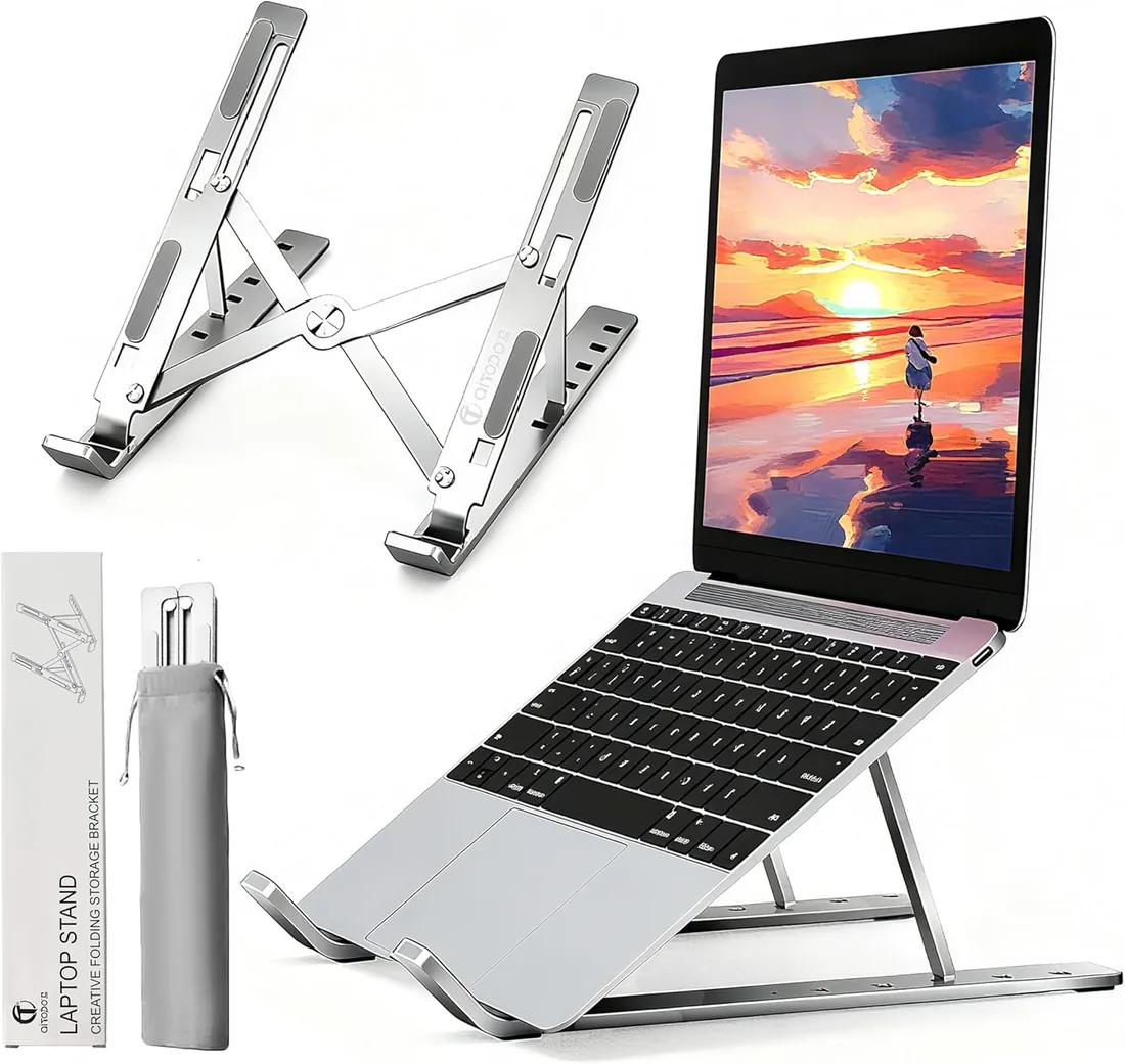 AiTodos® Soporte Portátil Escritorio, Elevador 6 Ángulos, Plateado | Aleación de Aluminio, Portátiles 10-16", Antideslizante & Ventilación, Corrección Posture, Oficina & Viaje, con Funda
