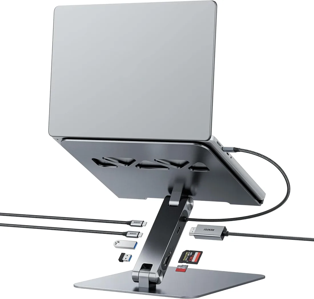 BENFEI Soporte para Portátil con Docking Station USB C 7 en 1, HDMI 4K@60Hz, Ranura SD y Micro SD, Carga Rápida 100W, 10Gbps con 1 USB C 3.2 y 2 USB A 3.2 Compatible con MacBook Pro/Air, iPad Pro, XPS