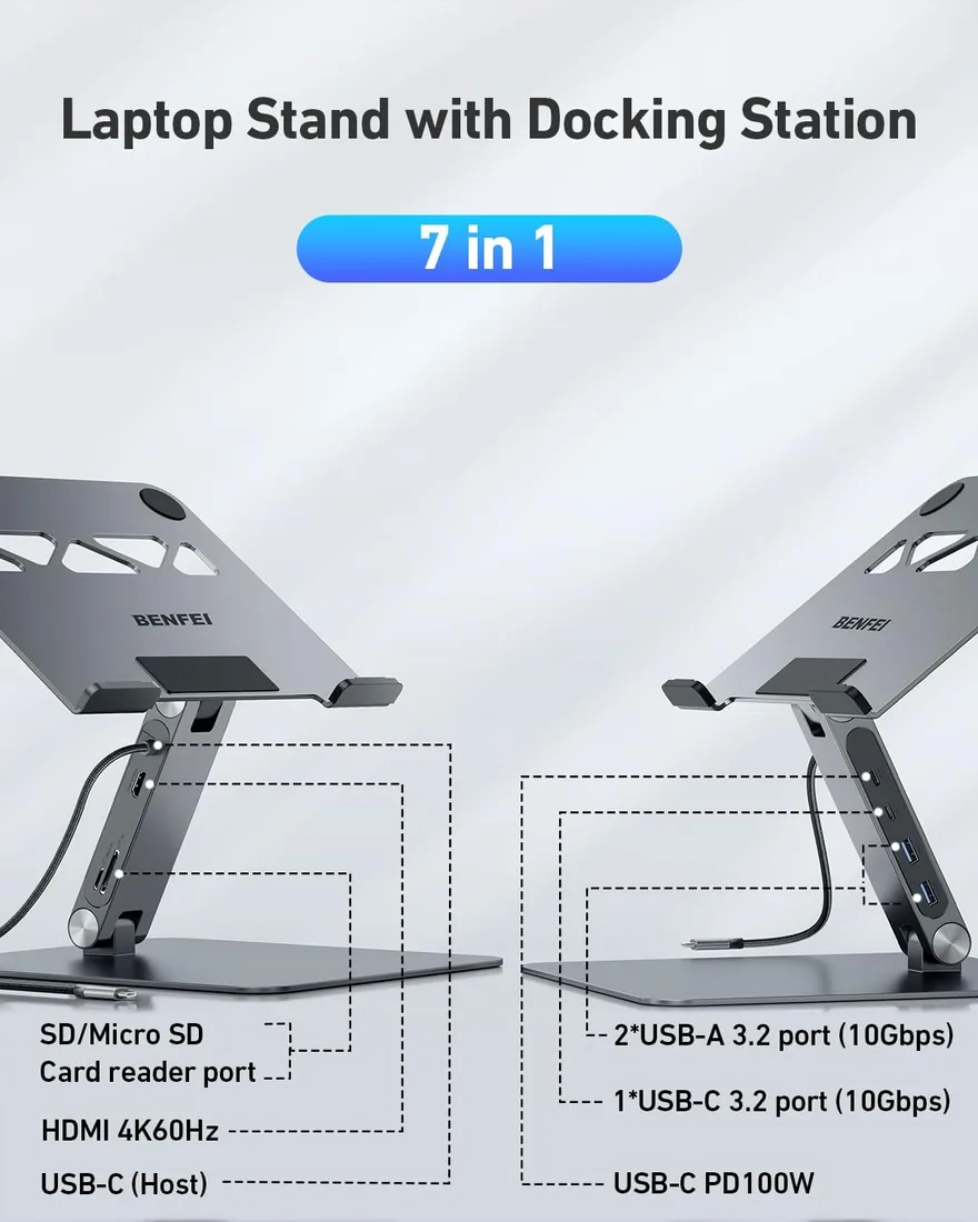 BENFEI Soporte para Portátil con Docking Station USB C 7 en 1, HDMI 4K@60Hz, Ranura SD y Micro SD, Carga Rápida 100W, 10Gbps con 1 USB C 3.2 y 2 USB A 3.2 Compatible con MacBook Pro/Air, iPad Pro, XPS foto 2