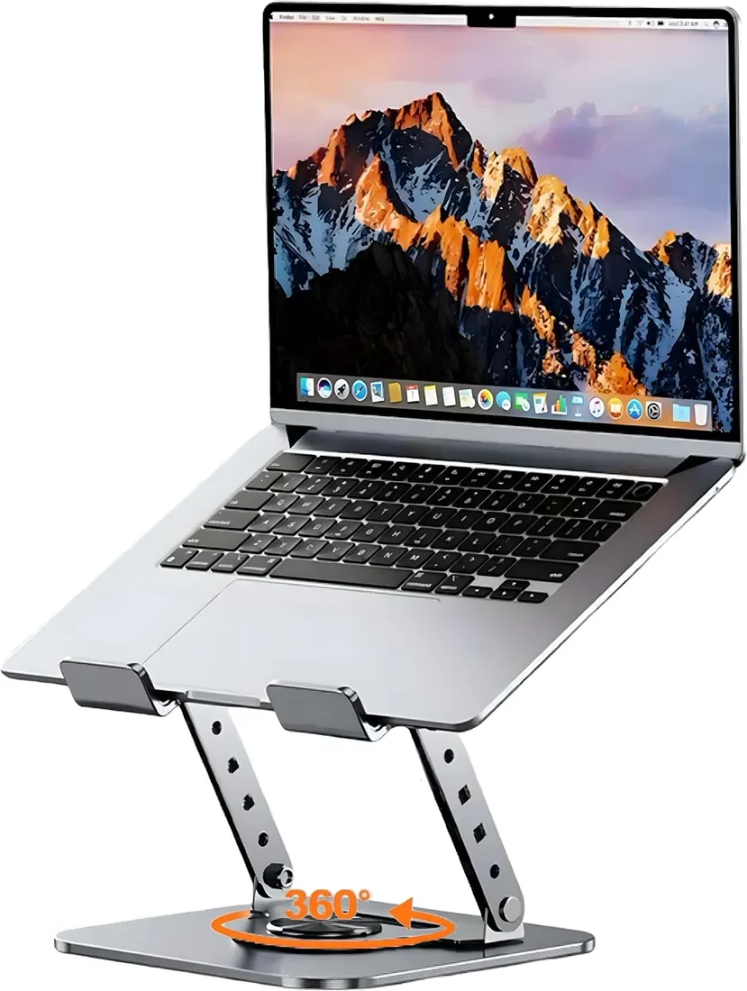 Soporte para Portátil Plegable y Ajustable con Base Giratoria 360° – Elevador Ergonómico con Ventilación Mejorada, Compatible con Laptops de 11 a 17 Pulgadas, Ideal para Oficina y Teletrabajo