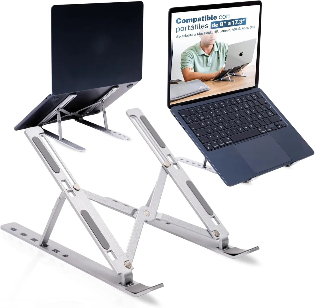 Soporte Portátil Ajustable para Ordenador de 8 a 17.3 Pulgadas – Aleación de Aluminio, 6 Niveles, Antideslizante, Ergonómico, Plegable con Bolsa y Caja – Base Abierta para Ventilación.