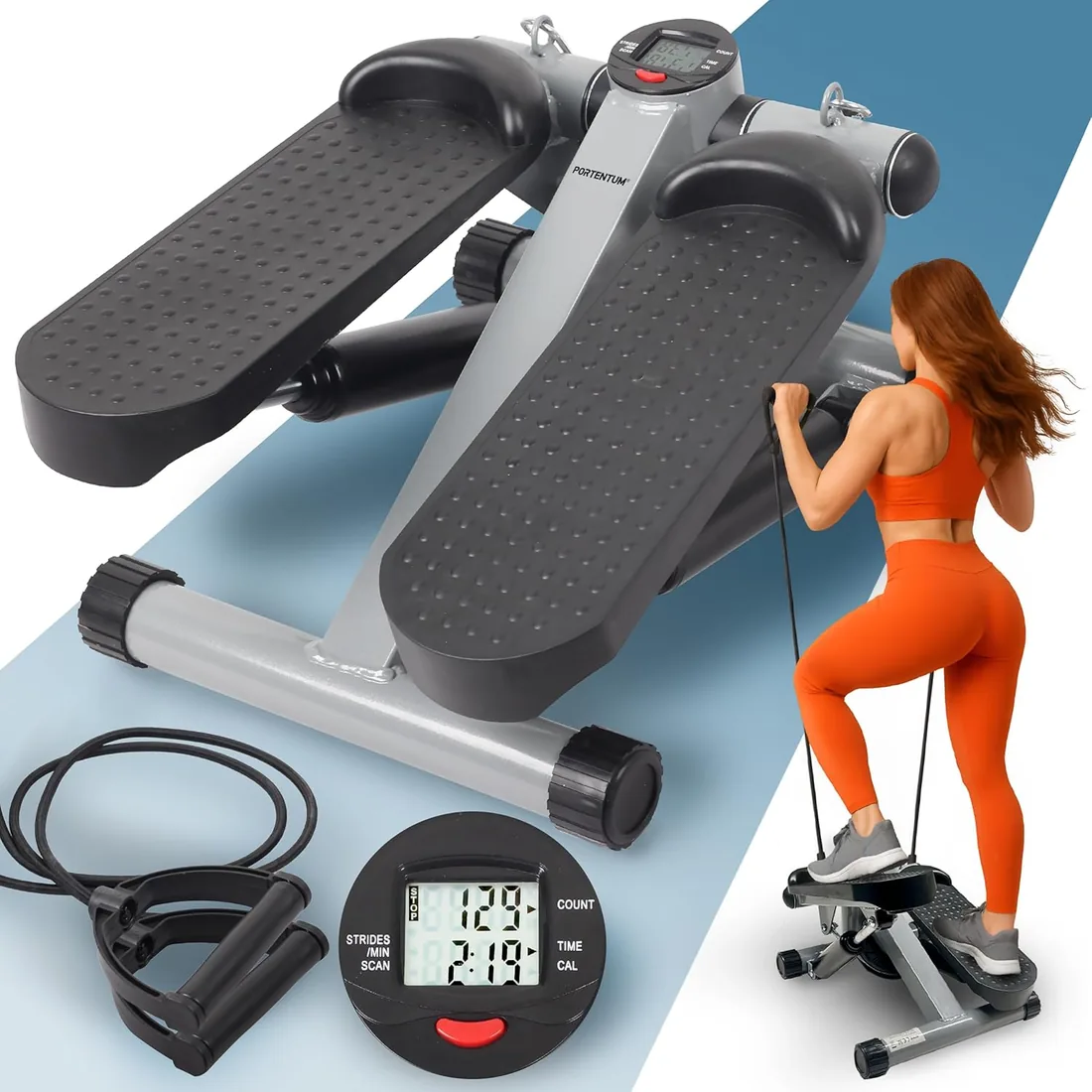 PORTENTUM Mini Stepper Fitness casa con Bandas de Resistencia y Pantalla LCD 5 Funciones — Máquina Steps 3-en-1 para piernas, glúteos y Brazos — Potencia Regulable — Compacto y fácil de Guardar foto 2